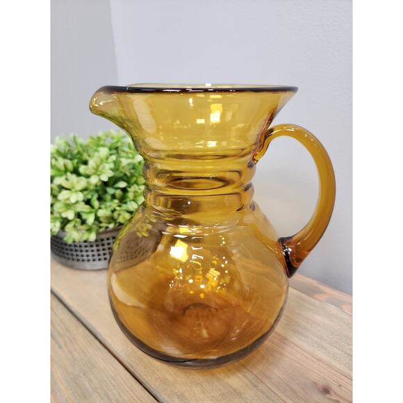 Blenko Hand Blown Art Glass Amber Gold Ribbed Pitcher 8.5" - Picture 3 of 11